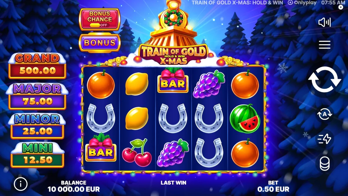 Tampilan visual slot Train of Gold X-Mas dengan tema kereta emas dan dekorasi Natal