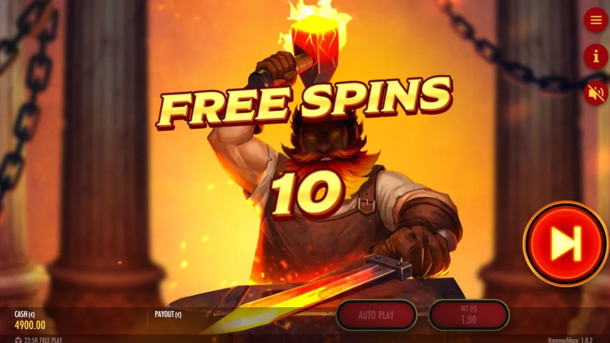 Tampilan visual slot Hammerblaze dengan latar belakang bengkel dewa yang membara