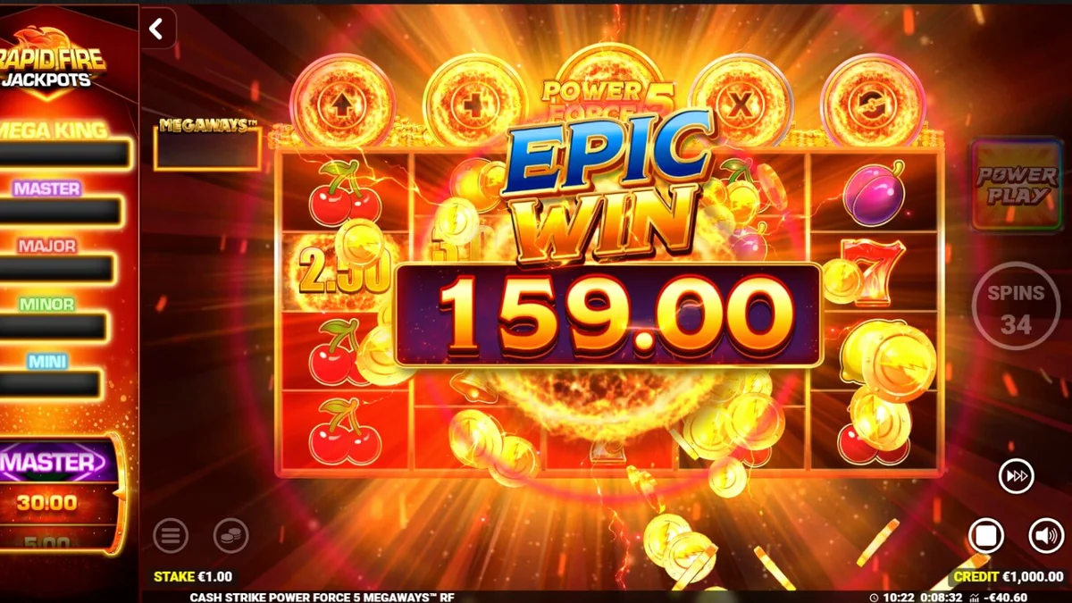 Tampilan antarmuka permainan slot Cash Strike Power Force 5 Megaways dengan simbol buah klasik.